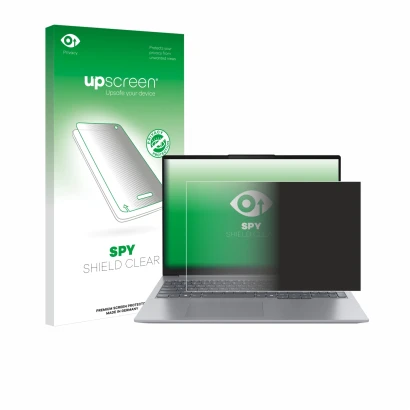 Parte frontal de un envase de producto con el logotipo de la marca upscreen. Al lado se muestra el dispositivo Lenovo ThinkBoo