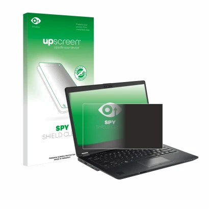 Parte frontal de un envase de producto con el logotipo de la marca upscreen. Al lado se muestra el dispositivo Fujitsu Lifeboo