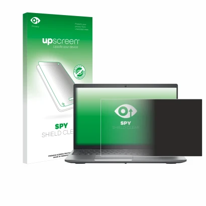 Parte frontal de un envase de producto con el logotipo de la marca upscreen. Al lado se muestra el dispositivo Dell Precision
