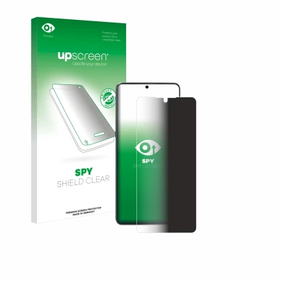 Parte frontal de un envase de producto con el logotipo de la marca upscreen. Al lado se muestra el dispositivo Cubot Max 5 con
