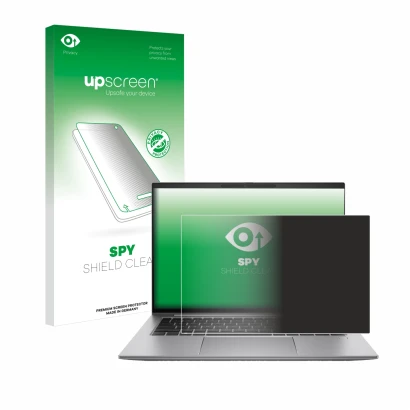 Parte frontal de un envase de producto con el logotipo de la marca upscreen. Al lado se muestra el dispositivo HP Zbook Firefl