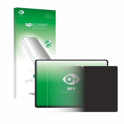 Parte frontal de un envase de producto con el logotipo de la marca upscreen. Al lado se muestra el dispositivo Honor Pad X8a c