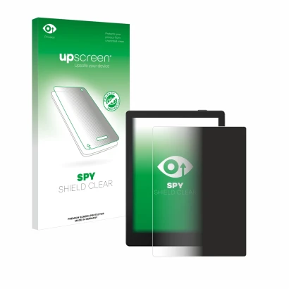 Parte frontal de un envase de producto con el logotipo de la marca upscreen. Al lado se muestra el dispositivo Boox Go 6 con s
