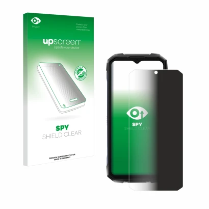 Parte frontal de un envase de producto con el logotipo de la marca upscreen. Al lado se muestra el dispositivo Hotwav Hyper 7 