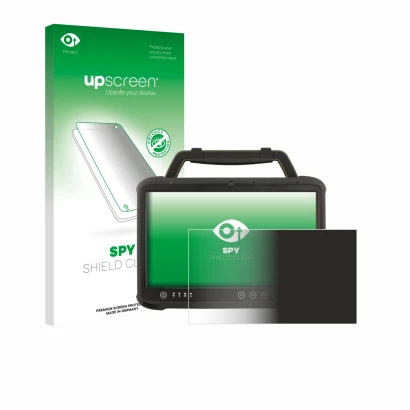 Parte frontal de un envase de producto con el logotipo de la marca upscreen. Al lado se muestra el dispositivo Winmate M133WK