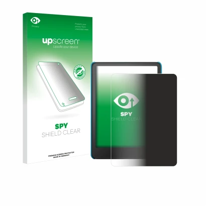 Parte frontal de un envase de producto con el logotipo de la marca upscreen. Al lado se muestra el dispositivo Amazon Kindle P