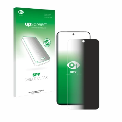 Parte frontal de un envase de producto con el logotipo de la marca upscreen. Al lado se muestra el dispositivo Xiaomi 15 con s