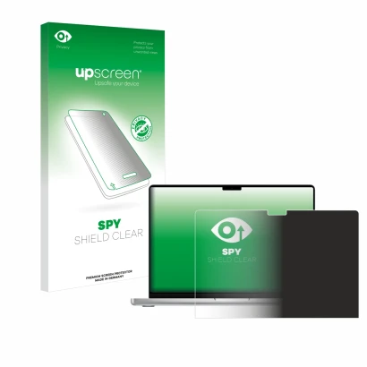 Parte frontal de un envase de producto con el logotipo de la marca upscreen. Al lado se muestra el dispositivo Apple MacBook P