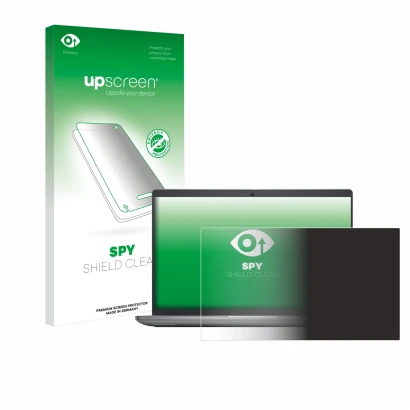 Parte frontal de un envase de producto con el logotipo de la marca upscreen. Al lado se muestra el dispositivo Dell Latitude 5
