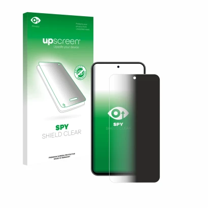 Parte frontal de un envase de producto con el logotipo de la marca upscreen. Al lado se muestra el dispositivo Samsung Galaxy 