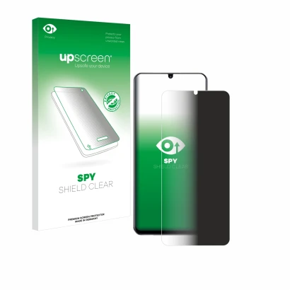 Parte frontal de un envase de producto con el logotipo de la marca upscreen. Al lado se muestra el dispositivo realme Note 60 