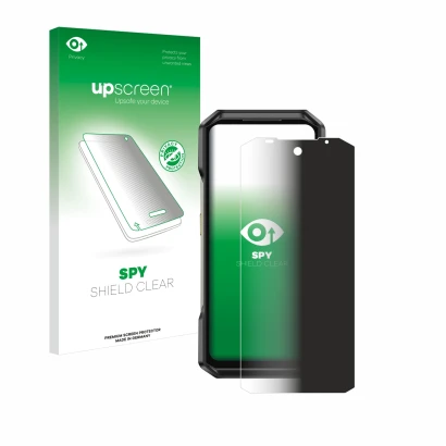 Parte frontal de un envase de producto con el logotipo de la marca upscreen. Al lado se muestra el dispositivo Ulefone Armor 2