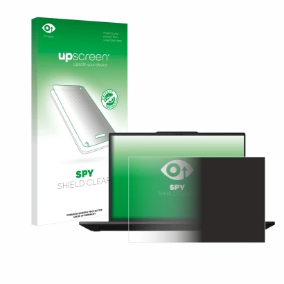 Parte frontal de un envase de producto con el logotipo de la marca upscreen. Al lado se muestra el dispositivo Lenovo ThinkPad