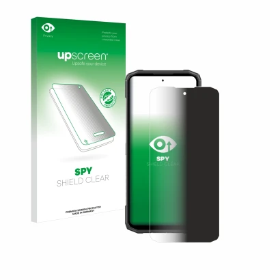 Parte frontal de un envase de producto con el logotipo de la marca upscreen. Al lado se muestra el dispositivo Doogee Blade 10