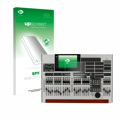 Parte frontal de un envase de producto con el logotipo de la marca upscreen. Al lado se muestra el dispositivo Behringer Wing 