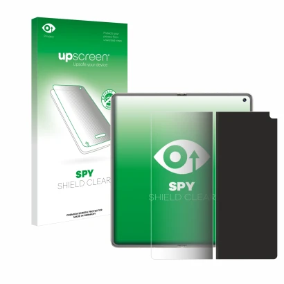 Parte frontal de un envase de producto con el logotipo de la marca upscreen. Al lado se muestra el dispositivo Huawei Mate X6 