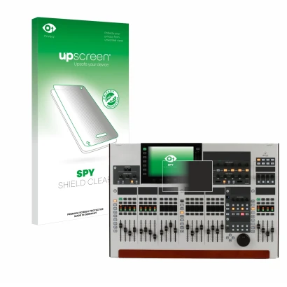 Parte frontal de un envase de producto con el logotipo de la marca upscreen. Al lado se muestra el dispositivo Behringer Wing 