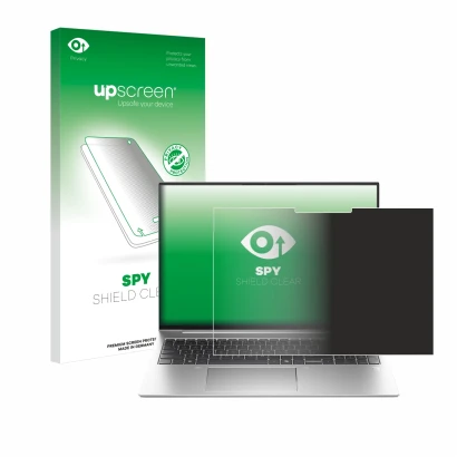 Parte frontal de un envase de producto con el logotipo de la marca upscreen. Al lado se muestra el dispositivo HP EliteBook 83