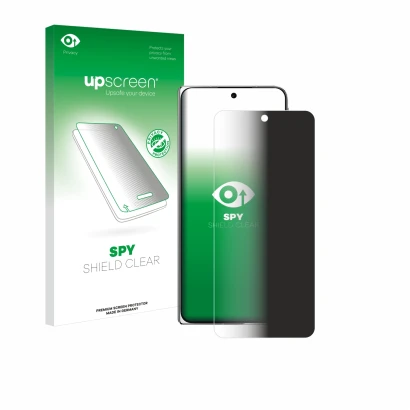 Parte frontal de un envase de producto con el logotipo de la marca upscreen. Al lado se muestra el dispositivo Oppo Find N5 co