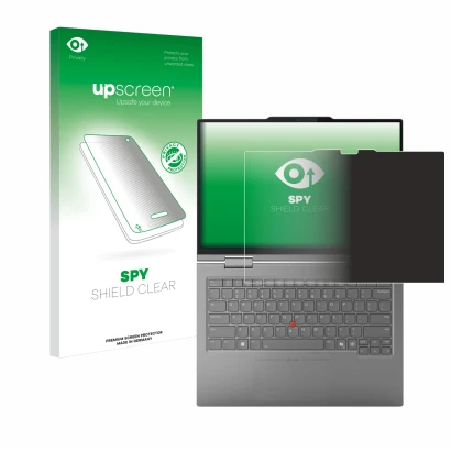 Parte frontal de un envase de producto con el logotipo de la marca upscreen. Al lado se muestra el dispositivo Lenovo ThinkPad