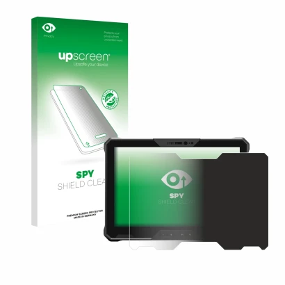 Parte frontal de un envase de producto con el logotipo de la marca upscreen. Al lado se muestra el dispositivo Dell Latitude 7