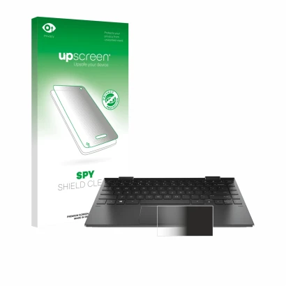 Parte frontal de un envase de producto con el logotipo de la marca upscreen. Al lado se muestra el dispositivo HP Envy x360 (1