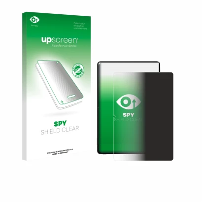 Parte frontal de un envase de producto con el logotipo de la marca upscreen. Al lado se muestra el dispositivo Honor Pad V9 co