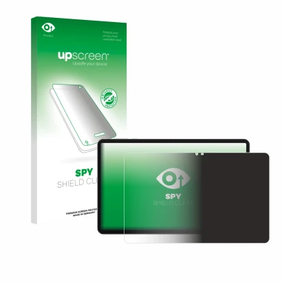 Parte frontal de un envase de producto con el logotipo de la marca upscreen. Al lado se muestra el dispositivo Honor Pad X9a c