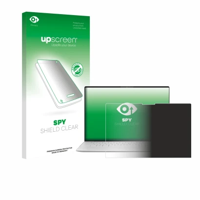 Parte frontal de un envase de producto con el logotipo de la marca upscreen. Al lado se muestra el dispositivo Dell XPS 13 935