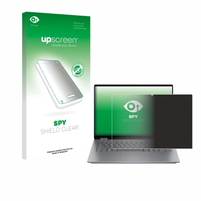 Parte frontal de un envase de producto con el logotipo de la marca upscreen. Al lado se muestra el dispositivo HP OmniBook X F