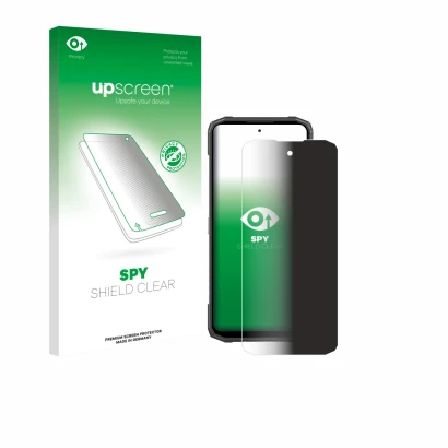 Parte frontal de un envase de producto con el logotipo de la marca upscreen. Al lado se muestra el dispositivo Doogee Blade 20