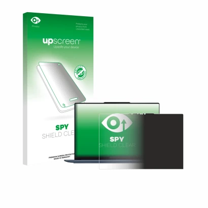 Parte frontal de un envase de producto con el logotipo de la marca upscreen. Al lado se muestra el dispositivo Lenovo Yoga Sli