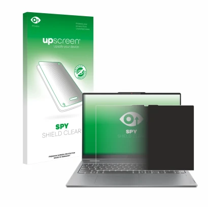 Parte frontal de un envase de producto con el logotipo de la marca upscreen. Al lado se muestra el dispositivo Lenovo IdeaPad 