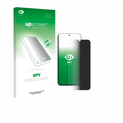 Parte frontal de un envase de producto con el logotipo de la marca upscreen. Al lado se muestra el dispositivo Huawei Pura 80