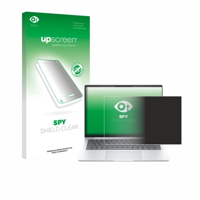 Parte frontal de un envase de producto con el logotipo de la marca upscreen. Al lado se muestra el dispositivo HP EliteBook 8