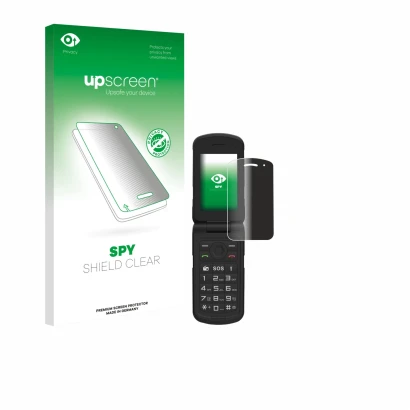 Parte frontal de un envase de producto con el logotipo de la marca upscreen. Al lado se muestra el dispositivo AGM M10 con su