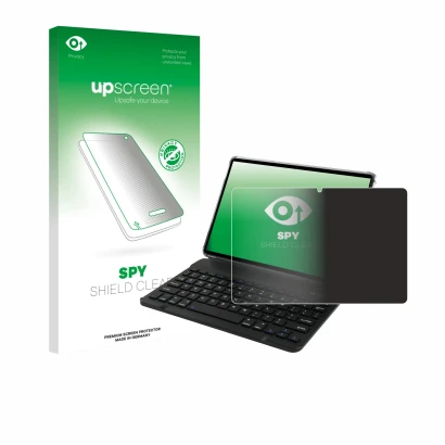 Parte frontal de un envase de producto con el logotipo de la marca upscreen. Al lado se muestra el dispositivo Tabwee T90 con