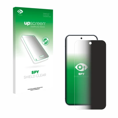 Parte frontal de un envase de producto con el logotipo de la marca upscreen. Al lado se muestra el dispositivo Google Pixel 10