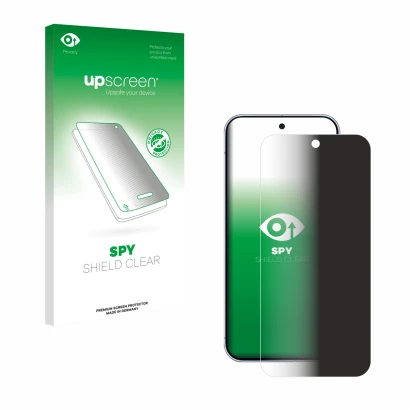 Parte frontal de un envase de producto con el logotipo de la marca upscreen. Al lado se muestra el dispositivo Google Pixel 10