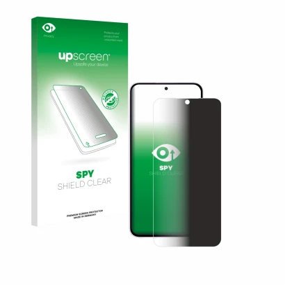 Parte frontal de un envase de producto con el logotipo de la marca upscreen. Al lado se muestra el dispositivo Samsung Galaxy