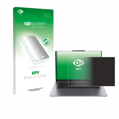 Parte frontal de un envase de producto con el logotipo de la marca upscreen. Al lado se muestra el dispositivo Lenovo ThinkPad