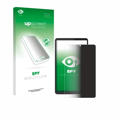 Parte frontal de un envase de producto con el logotipo de la marca upscreen. Al lado se muestra el dispositivo Lenovo Tab One
