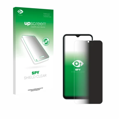 Parte frontal de un envase de producto con el logotipo de la marca upscreen. Al lado se muestra el dispositivo Telekom T Phone