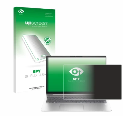 Parte frontal de un envase de producto con el logotipo de la marca upscreen. Al lado se muestra el dispositivo HP EliteBook 6 