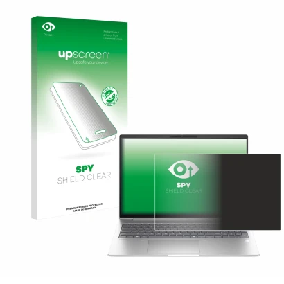 Parte frontal de un envase de producto con el logotipo de la marca upscreen. Al lado se muestra el dispositivo HP EliteBook 6 
