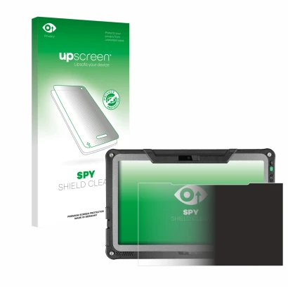 Parte frontal de un envase de producto con el logotipo de la marca upscreen. Al lado se muestra el dispositivo Getac F110 G7 c