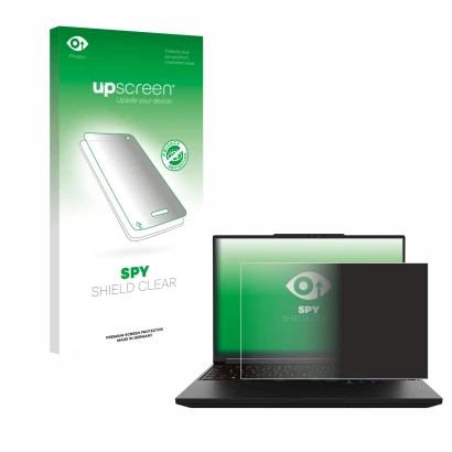 Parte frontal de un envase de producto con el logotipo de la marca upscreen. Al lado se muestra el dispositivo XMG Pro 16 con