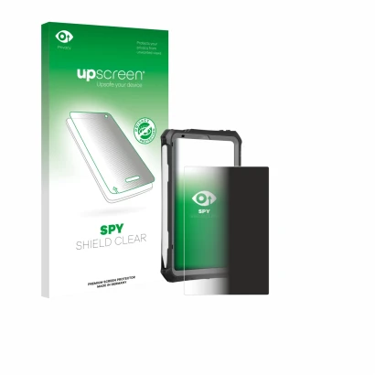 Parte frontal de un envase de producto con el logotipo de la marca upscreen. Al lado se muestra el dispositivo Apple iPad Mini