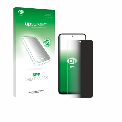 Parte frontal de un envase de producto con el logotipo de la marca upscreen. Al lado se muestra el dispositivo Honor 400 Smart