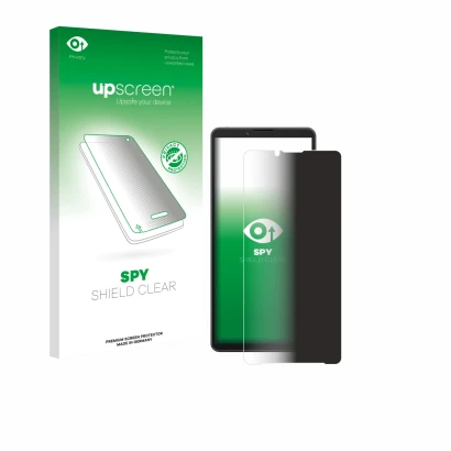 Parte frontal de un envase de producto con el logotipo de la marca upscreen. Al lado se muestra el dispositivo Sony Xperia 10